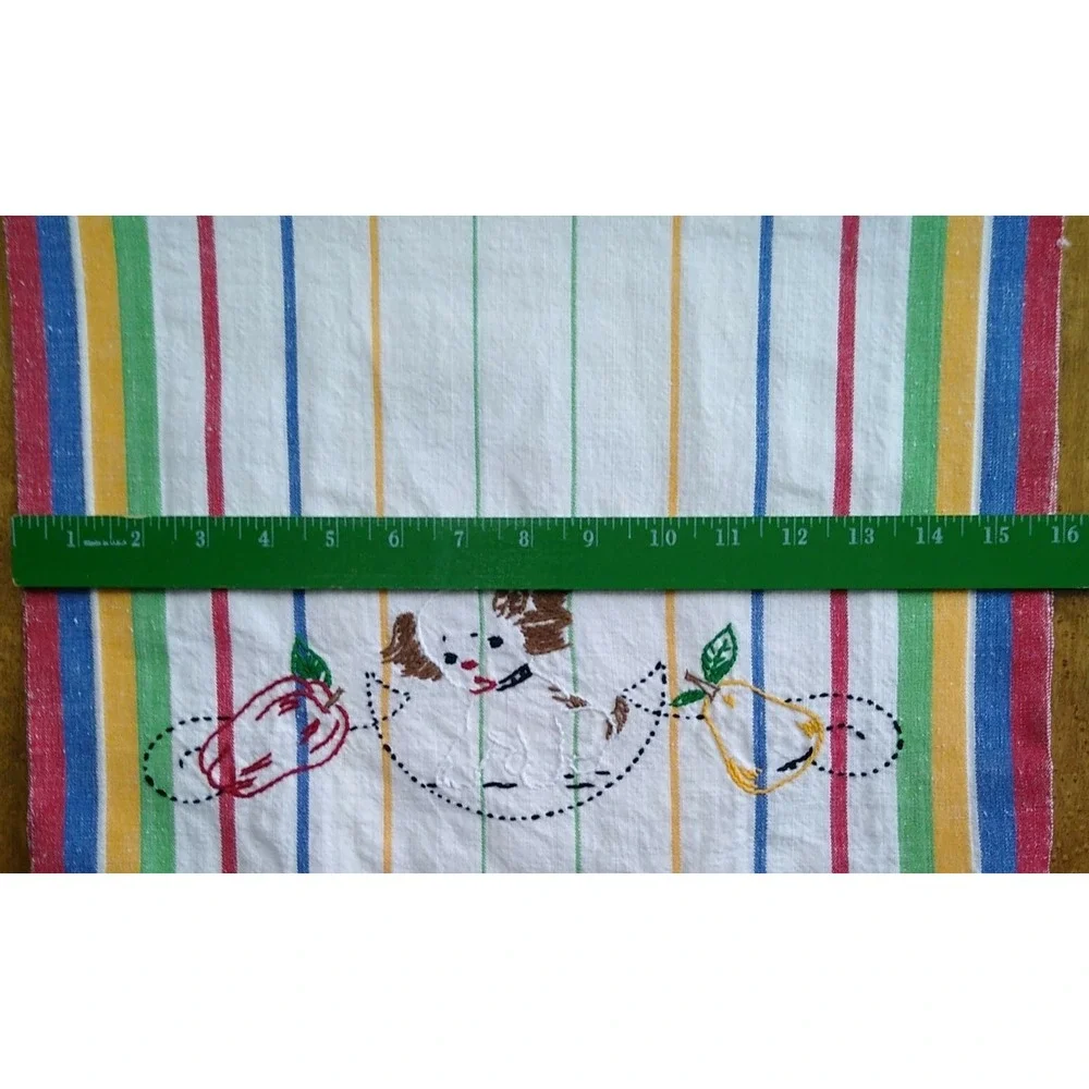Vtg Embroidered Tea Towel Striped Blue Red Green Puppy 24 x 15.75